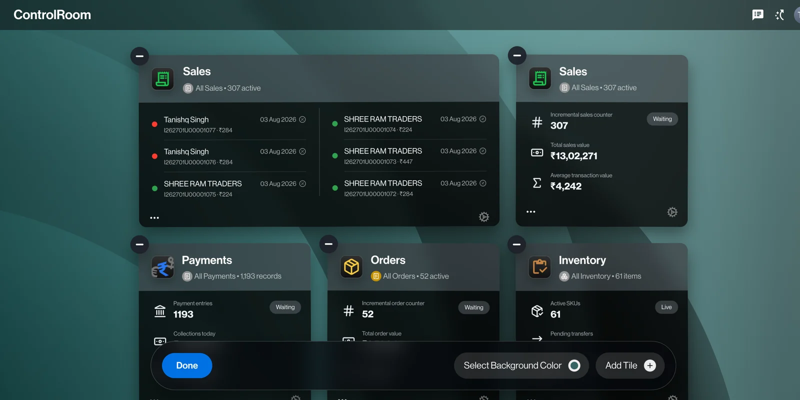 ControlRoom home screen in edit mode with movable tiles