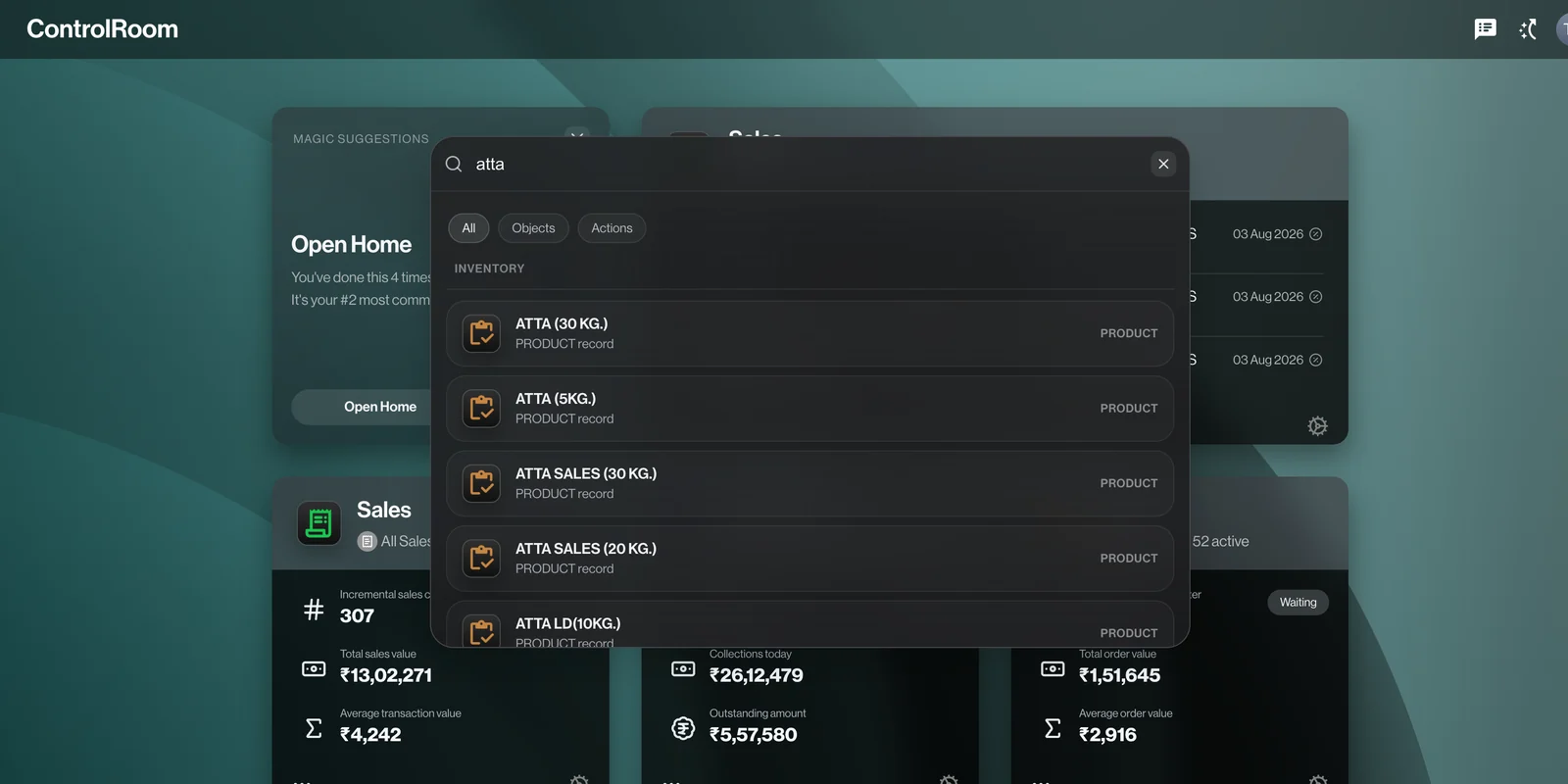 ControlRoom search showing matching product records